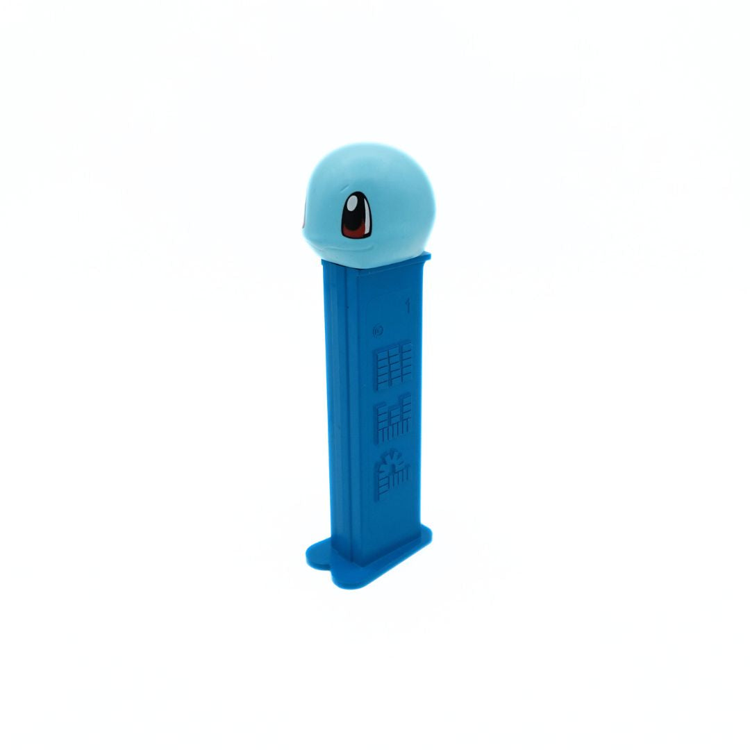 Angled photo of a Squirtle Pez dispenser with a light blue head and darker blue body