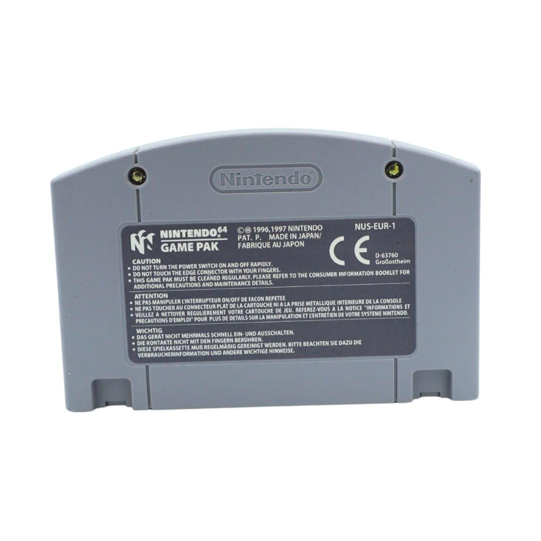 The back of a gray Nintendo Game Pak cartridge, showing the printed label with model number NUS-EUB-1 and copyright details, on a plain white background.