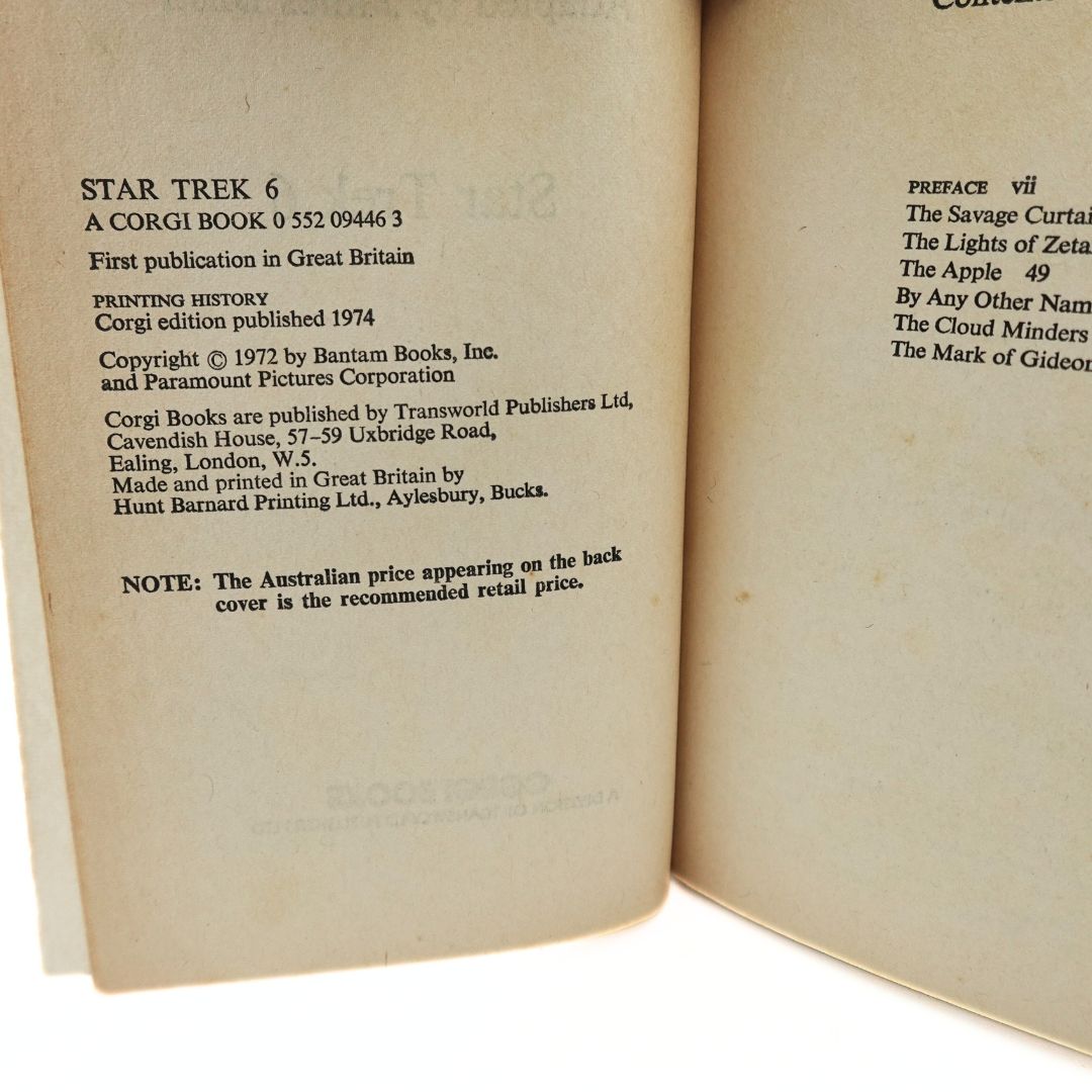 Publishing page on the 1974 Star Trek 6 paperback book