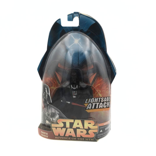 Front on image of a 2005 Darth Vader figurine in its packaging, from Revenge of the Sith