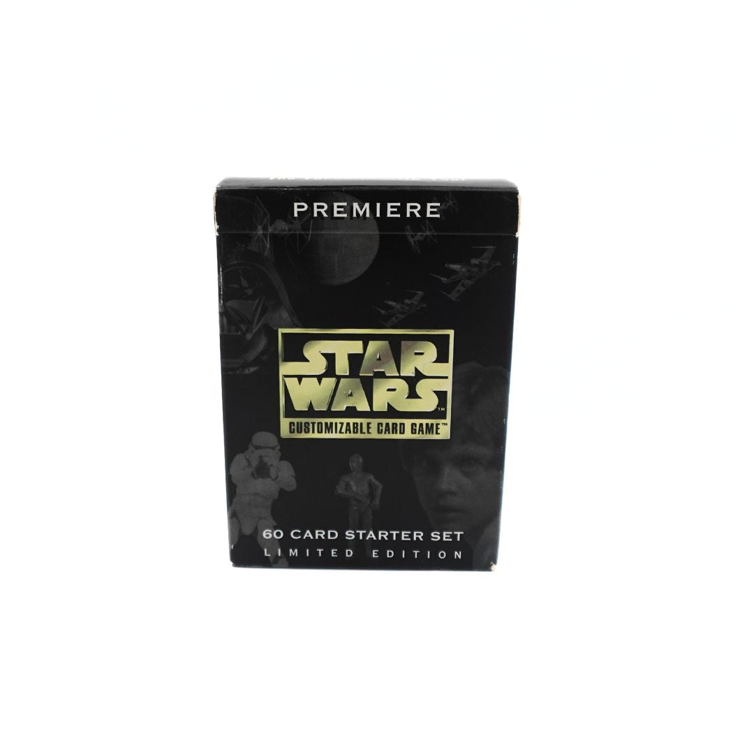 A front on photo of the box holding 60 cards from the Star Wars Premiere Card game showing minor wear