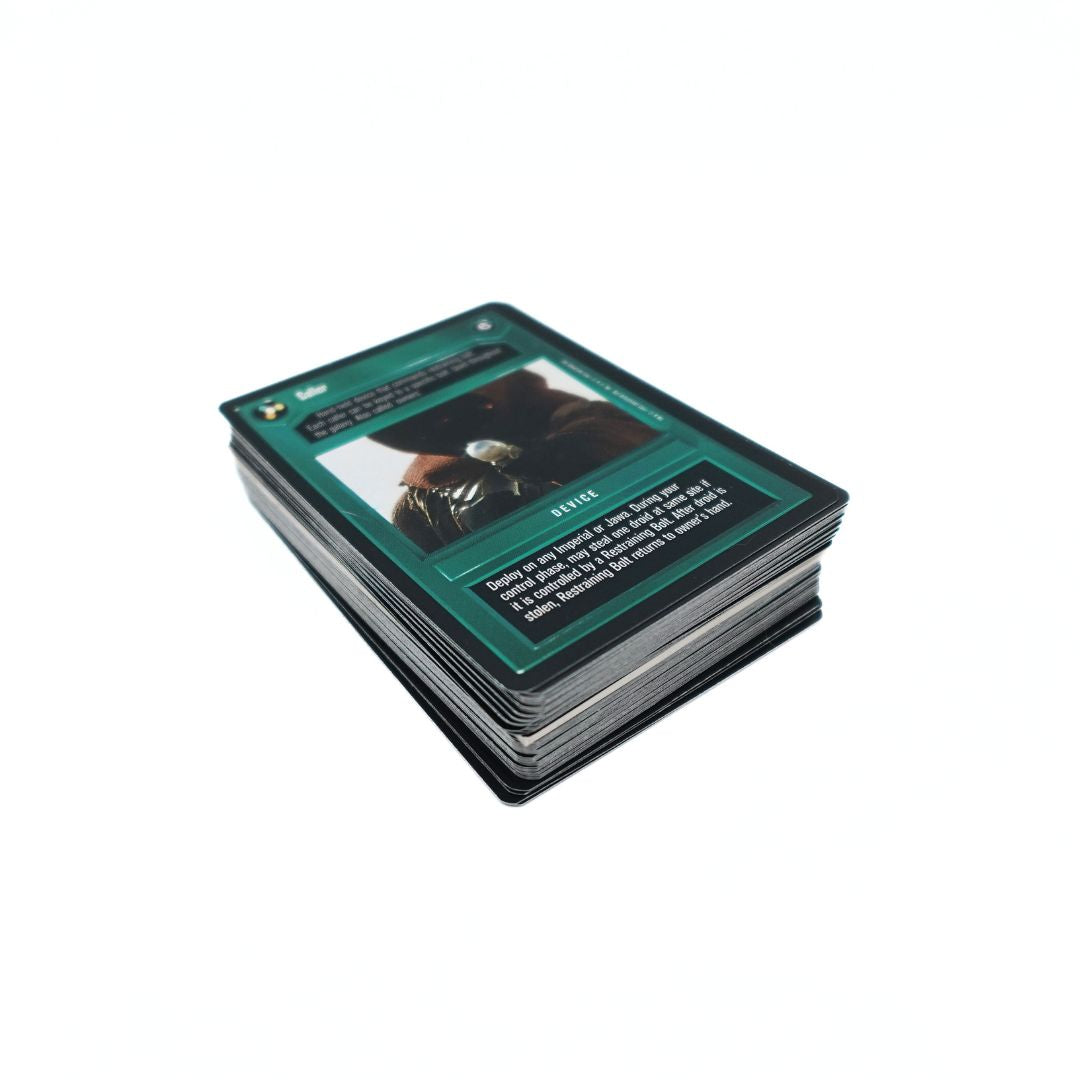 A stack of 60 cards from the Star Wars Premiere Card game showing minor wear