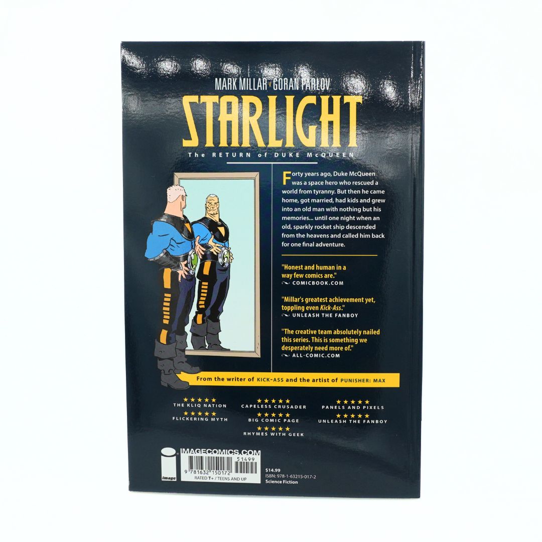 The back cover of the Starlight comic book, featuring a black background with yellow title text, author names Mark Millar and Goran Parou, and an illustration of two characters.