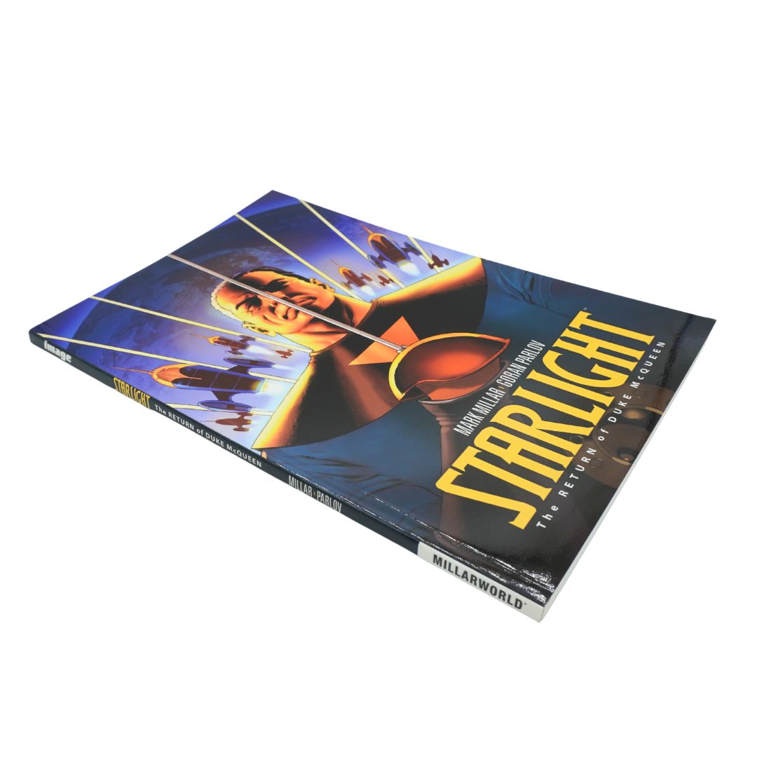 Front cover of Starlight: The Return of Duke McQueen featuring a man standing in front of some rockets