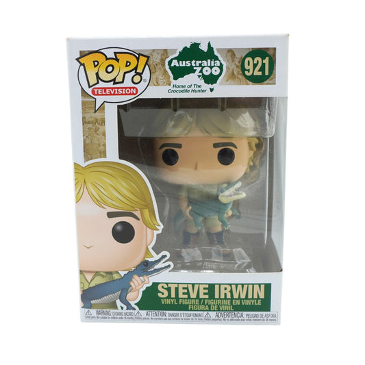 Funko Pop! Television Steve Irwin vinyl figure number 921, featuring the 'Name of the Crocodile Hunter' Australia Zoo edition, in its original window box packaging.