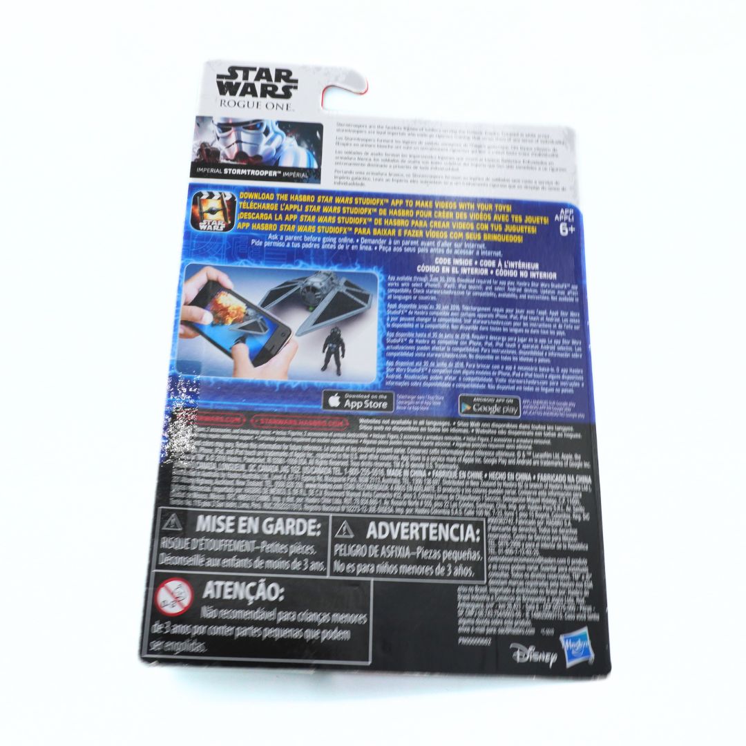 Back of a Star Wars Rogue One toy packaging with text and branding.