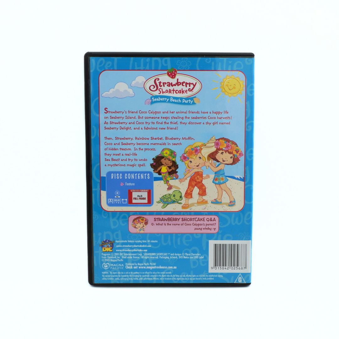 Back cover of a Strawberry Shortcake DVD with characters and text on a blue background
