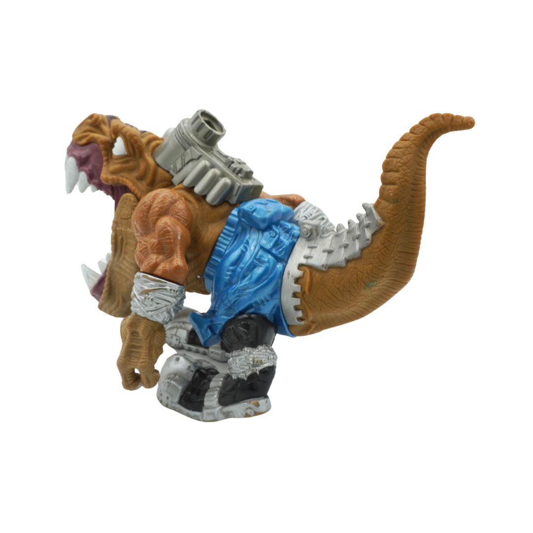Toy figure of a creature with brown, blue, and gray colors on a white background