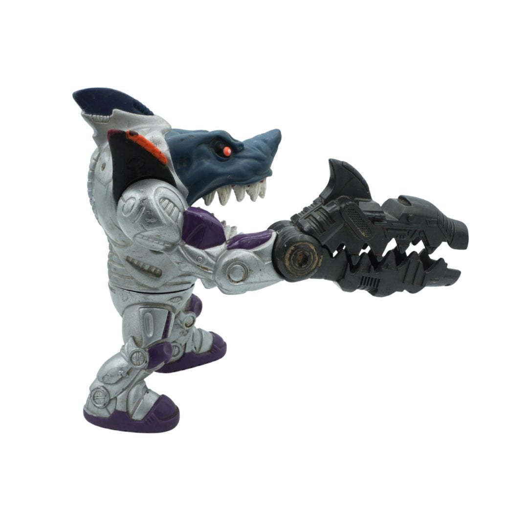 Toy figure with shark-like head and robot body on a white background