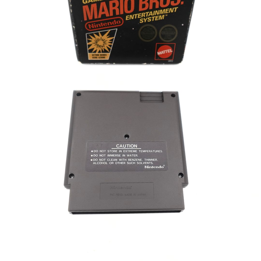 Underside of the 1987 NES Super Mario Bros game cartridge