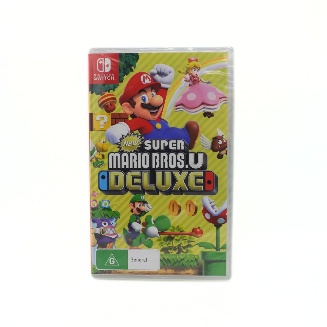 Nintendo Switch game case for New Super Mario Bros. U Deluxe, featuring Mario, Luigi, Princess Peach, and other classic characters on a bright yellow background.