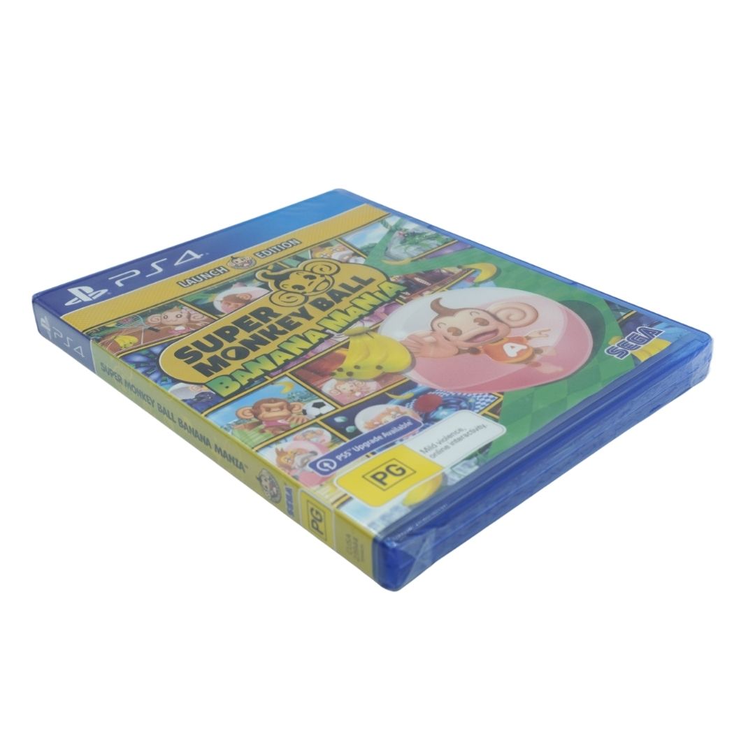 PS4 game case for Super Monkey Ball: Banana Blast, featuring colorful character artwork on a blue plastic game case with a shrink wrap, photographed on a white background.