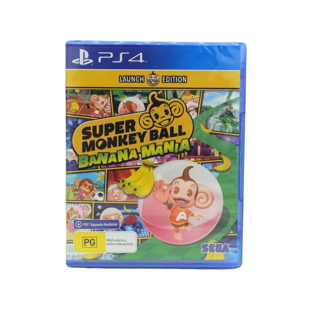 PS4 game case for Super Monkey Ball: Banana Mania Launch Edition, featuring colorful cartoon artwork and a blue PlayStation 4 case border on a white background.
