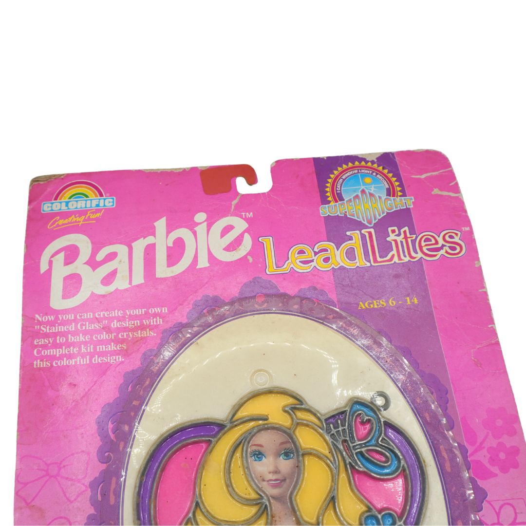 Vintage Barbie LeadLites stained glass kit in its original pink cardboard packaging, featuring a Barbie illustration on the front.