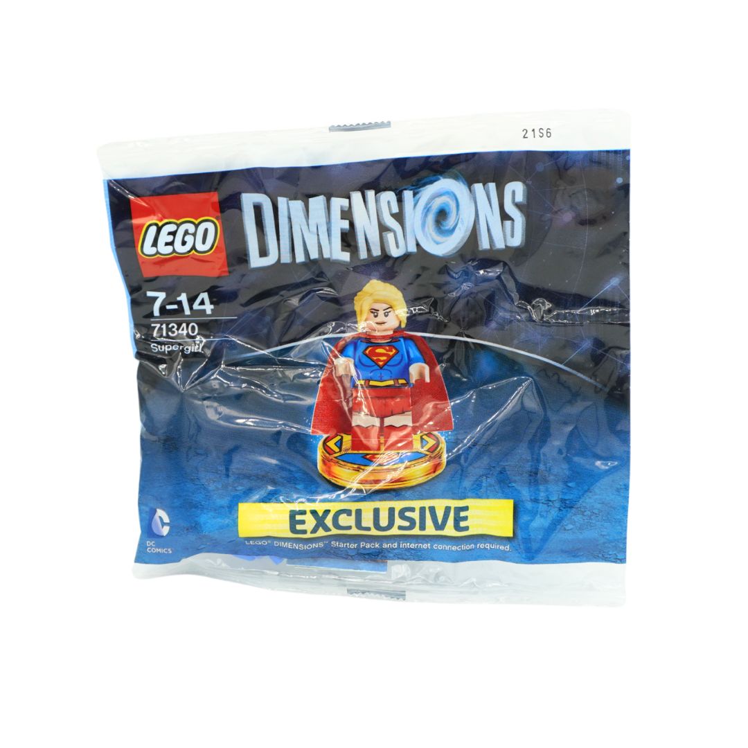 Front cover of a blue Lego Dimensions bag featuring a Lego rendering of Supergirl