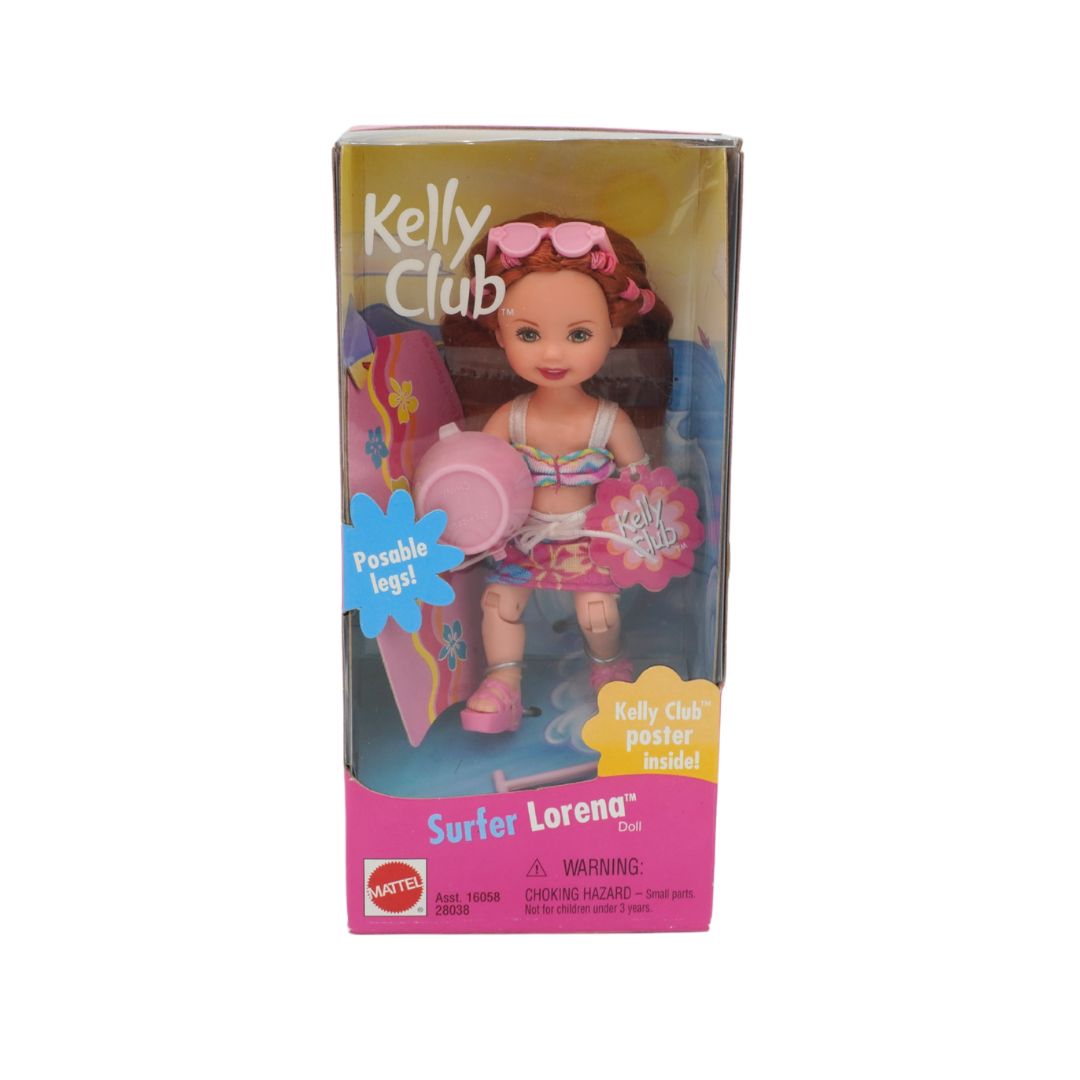 Boxed Kelly Club doll with surfboard and pink hairband on a white background