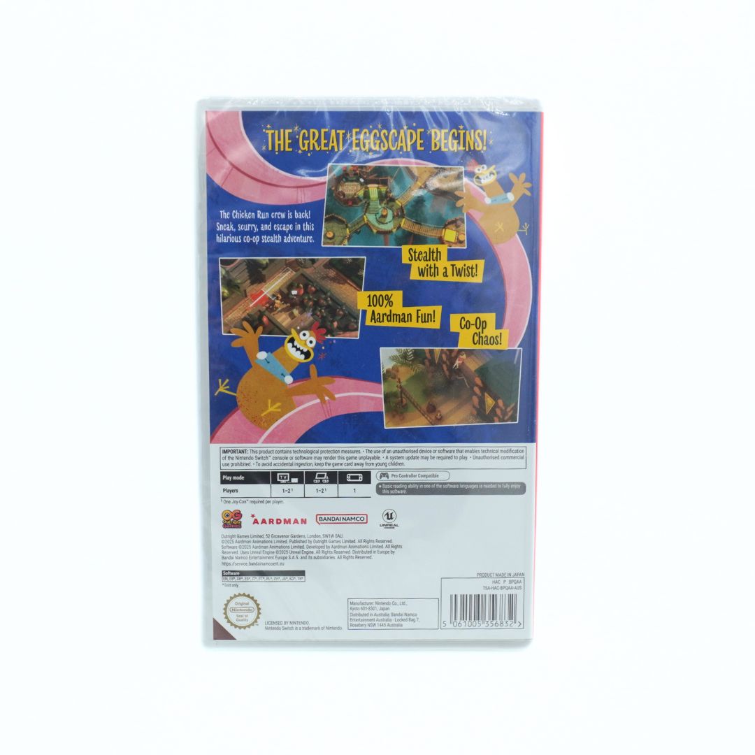 Back cover of a Switch game called Chicken Run Eggstraction with a multi-colour design