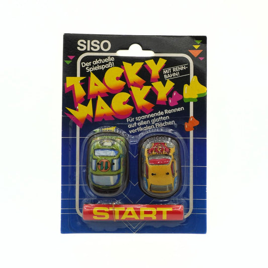 Packaged toy cars with 'Tacky Wacky' branding on a white background