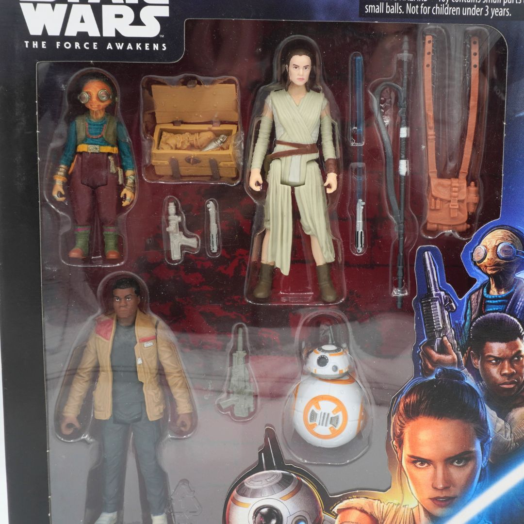 Star Wars action figure set in packaging with characters and props from 'The Force Awakens'.