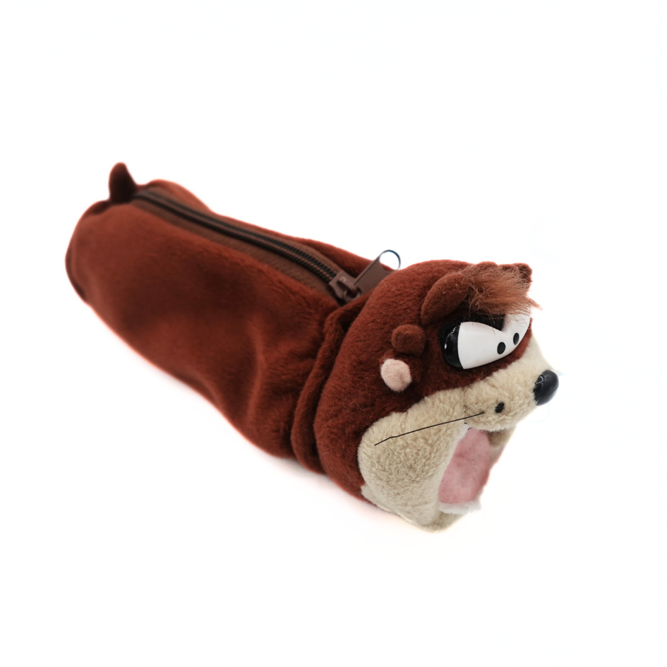 Angled image of the brown plush Taz Devil Pencil case with tags still attached and zip entry