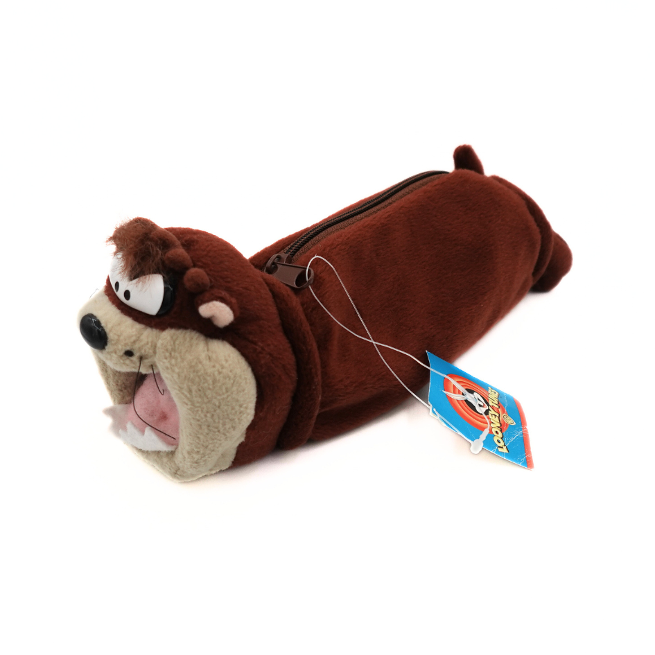 Angled image of the brown plush Taz Devil Pencil case with tags still attached and zip entry