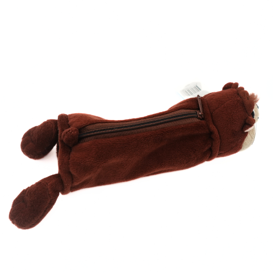 Top down image of the brown plush Taz Devil Pencil case with tags still attached and closed zip entry