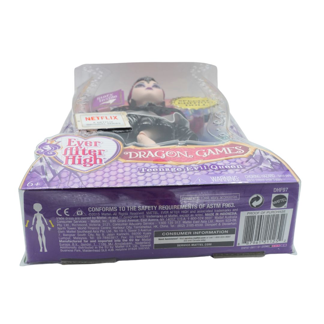 Mattel Evil Queen toy figure from Ever After High: Dragon's Games, shown in its original retail packaging. The purple box features character artwork and product details, with a visible Netflix logo sticker on the front.