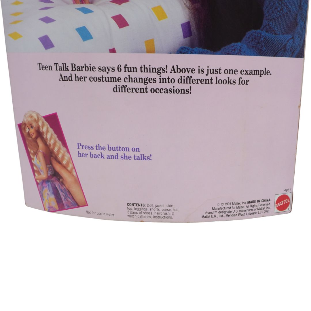 Back of a Teen Talk Barbie packaging with text and a small image of the doll.