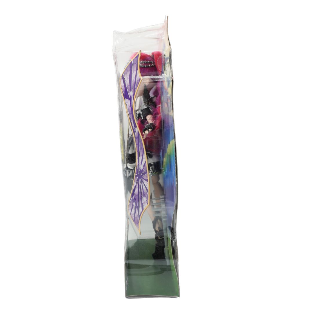 A packaged action figure of a character with a red and black helmet, holding a large purple sword, sealed inside a clear plastic blister pack with printed character artwork.