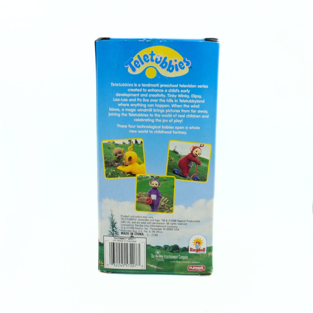 Back of a 'Teletubbies' box with illustrations and text on a white background
