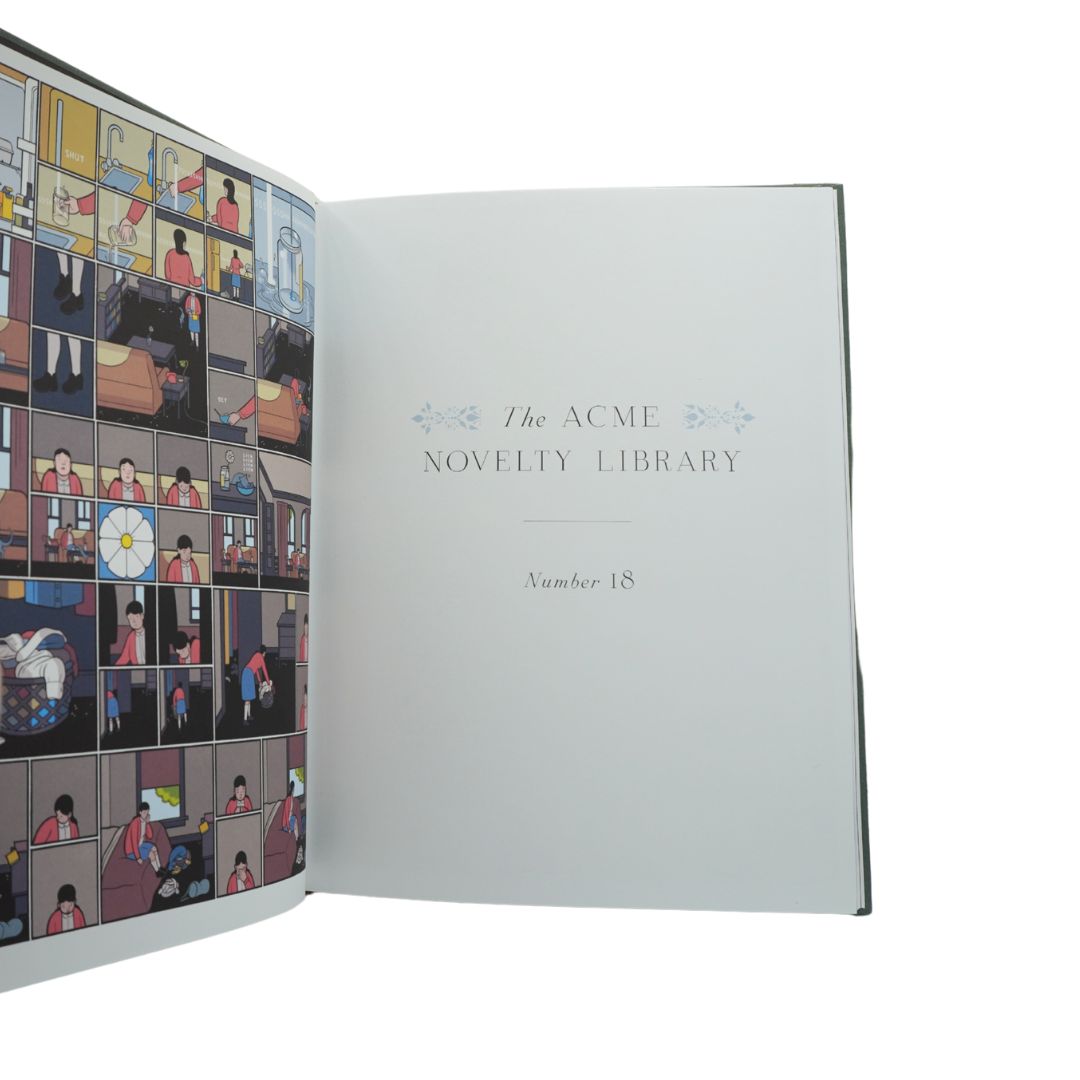 An open book showing a left page filled with a vertical comic-style illustration grid and a right page with the text 'The ACME NOVELTY LIBRARY' and 'Number 18' in a clean serif font.