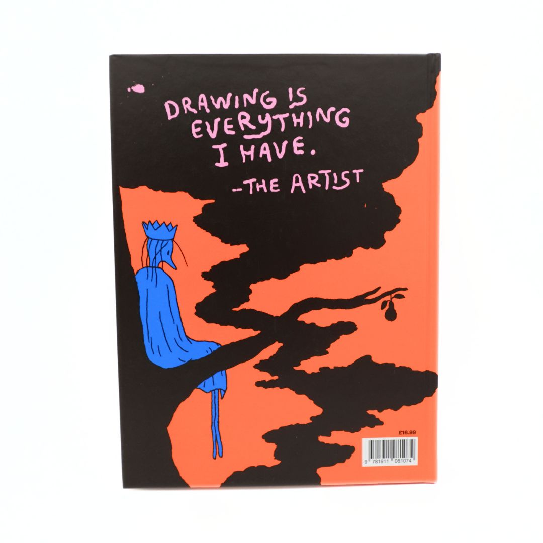 A book or notebook shown from the back, featuring a bold black and orange graphic design with a whimsical illustration of a blue-robed figure and the quote, 'DRAWING IS EVERYTHING I HAVE. -THE ARTIST'.