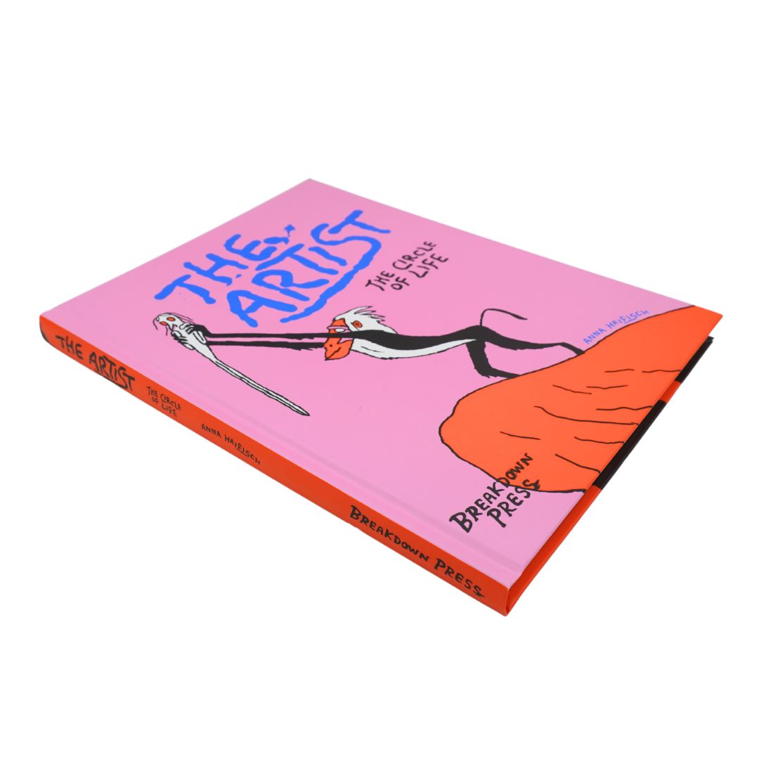 A hardcover art book titled 'The Artist: The Circle of Life' featuring a bright pink cover with a cartoon illustration of a figure holding a sword and an orange textured shape, shown on a plain white background.