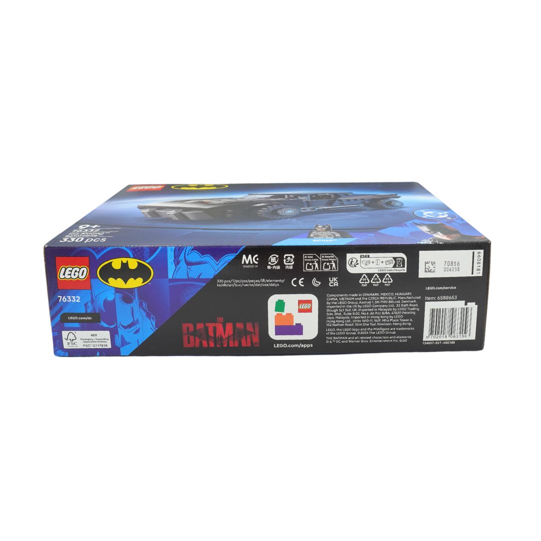 LEGO Batman set box, model 76322, showing the back panel with product information, barcode, and LEGO and Batman branding on a white background.