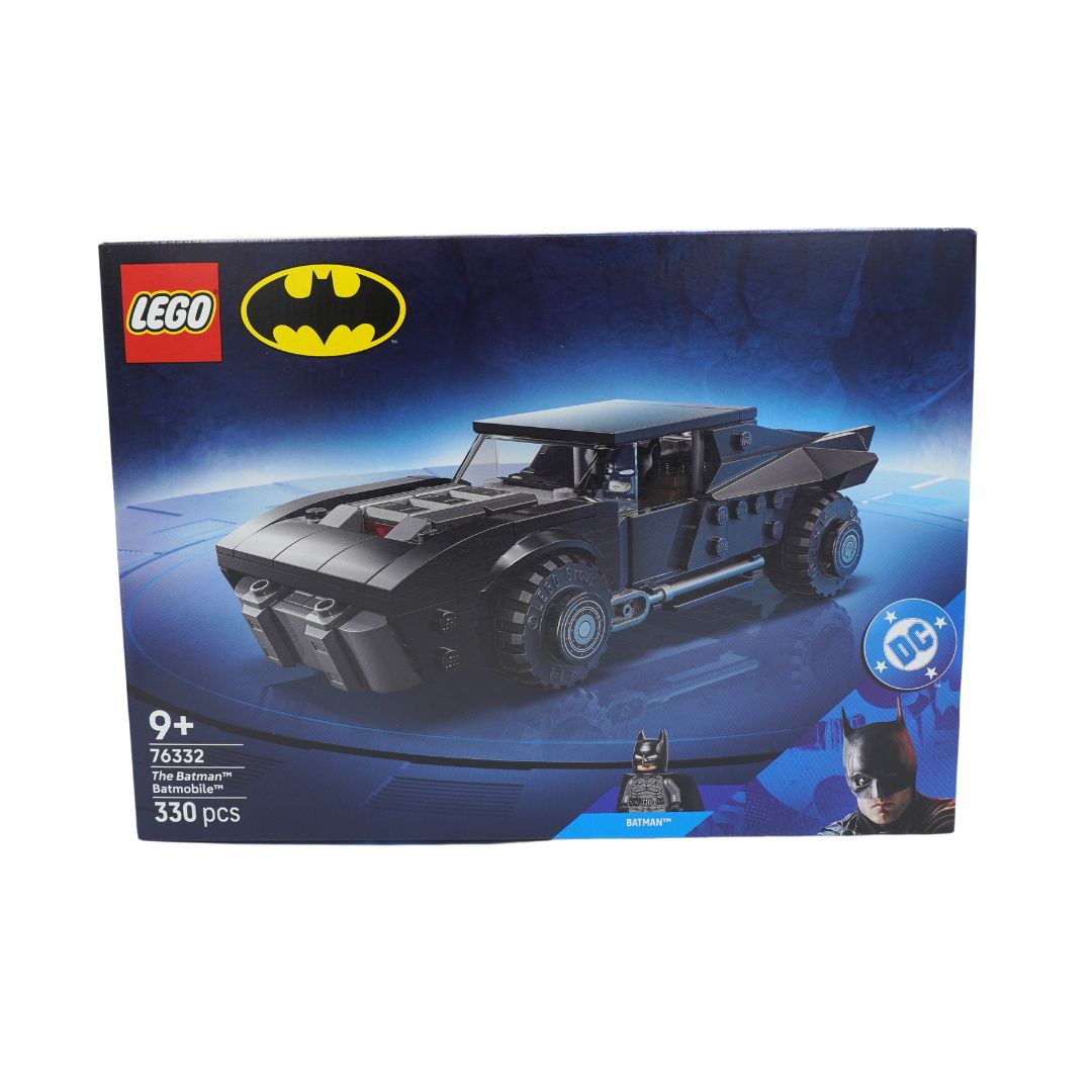 LEGO Batman The Batmobile set 76322, featuring a 330-piece building set with a black and gray vehicle on the front of the retail box.