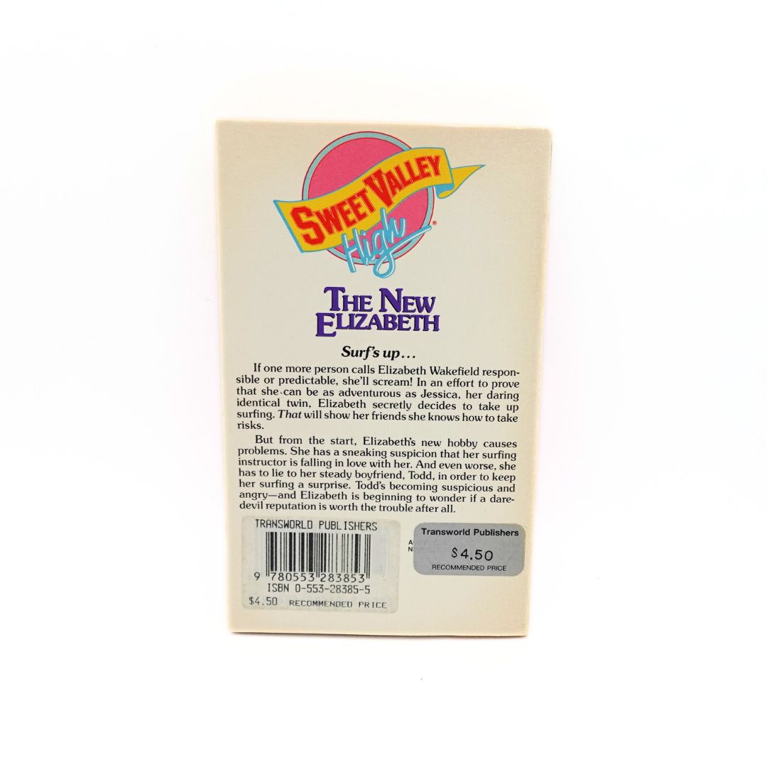 Back cover of the 1990 paperback edition of the Sweet Valley High The New Elizabeth Cover