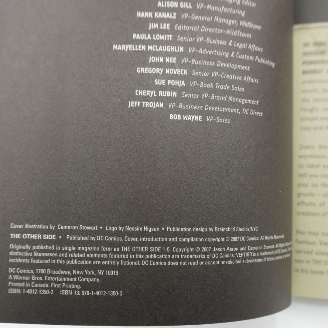 Black page with white font featuring the publishing details of The Other Side comic book series. 