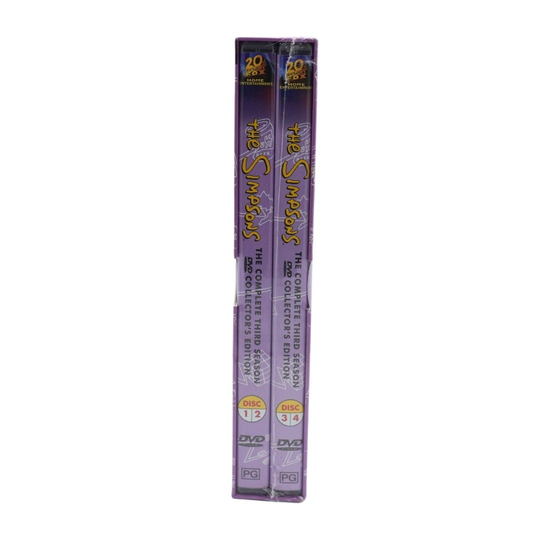 Side on image of a purple box holding a DVD collection of The Simpsons