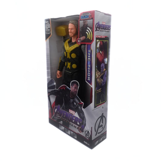 A Chris Hemsworth era Thor figure in a black, yellow and grey outfit inside its packaging released in line with the Avengers Endgame film