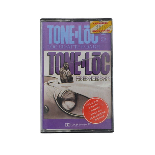 Purple and grey cassette for Tone Loc, called Loc-Ed After Dark photographed on a white backdrop