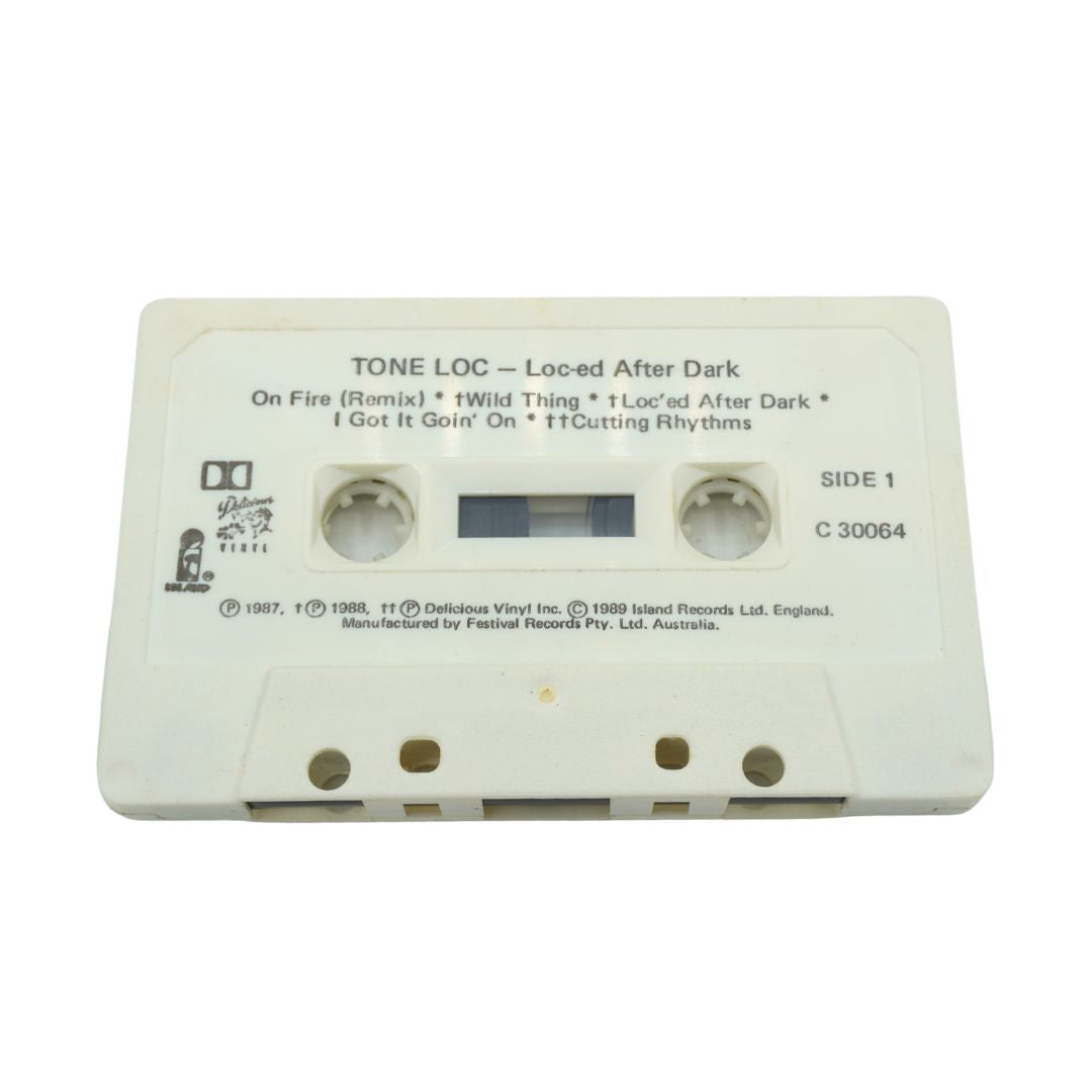 White cassette for Tone Loc, called Loc-Ed After Dark photographed on a white backdrop