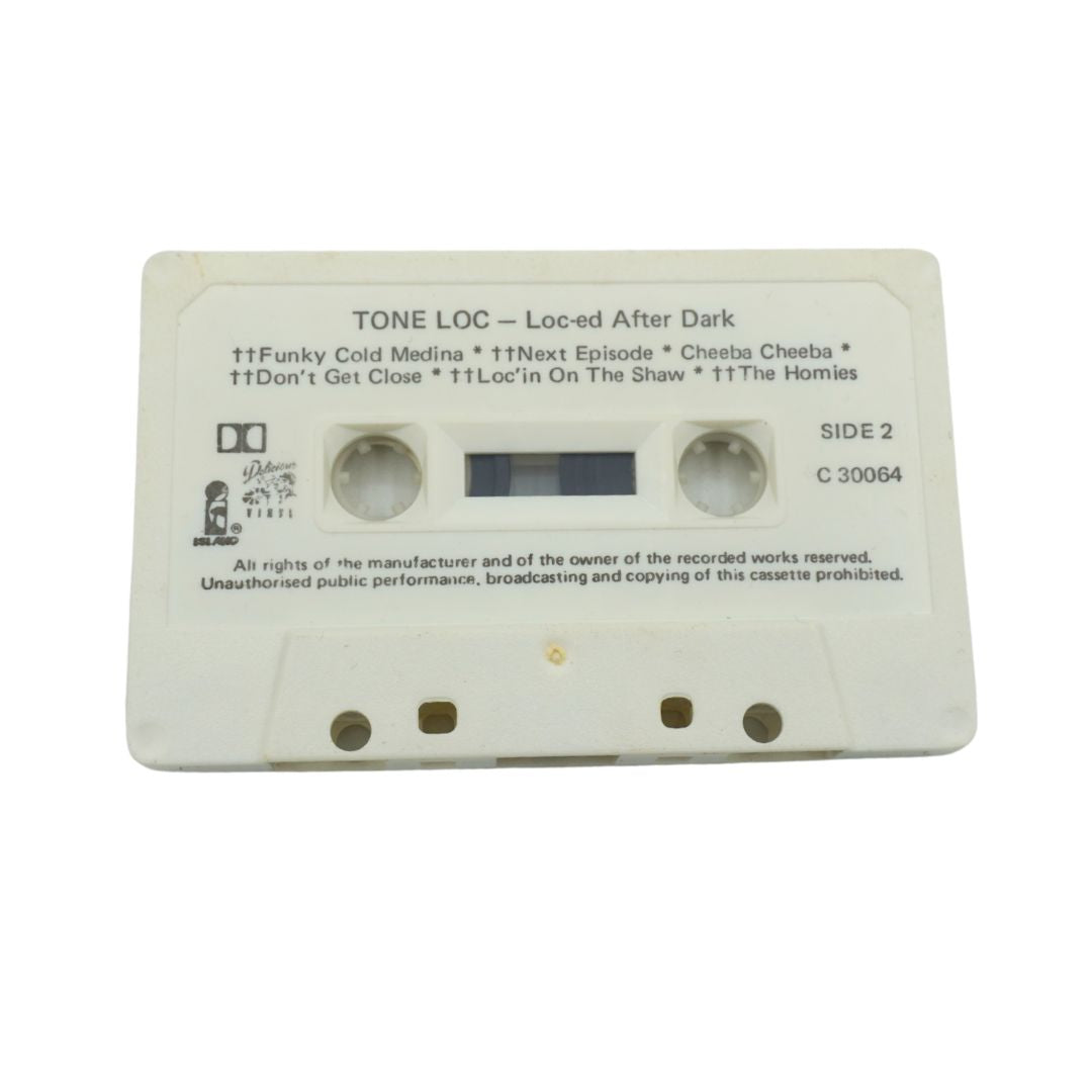 White cassette for Tone Loc, called Loc-Ed After Dark photographed on a white backdrop
