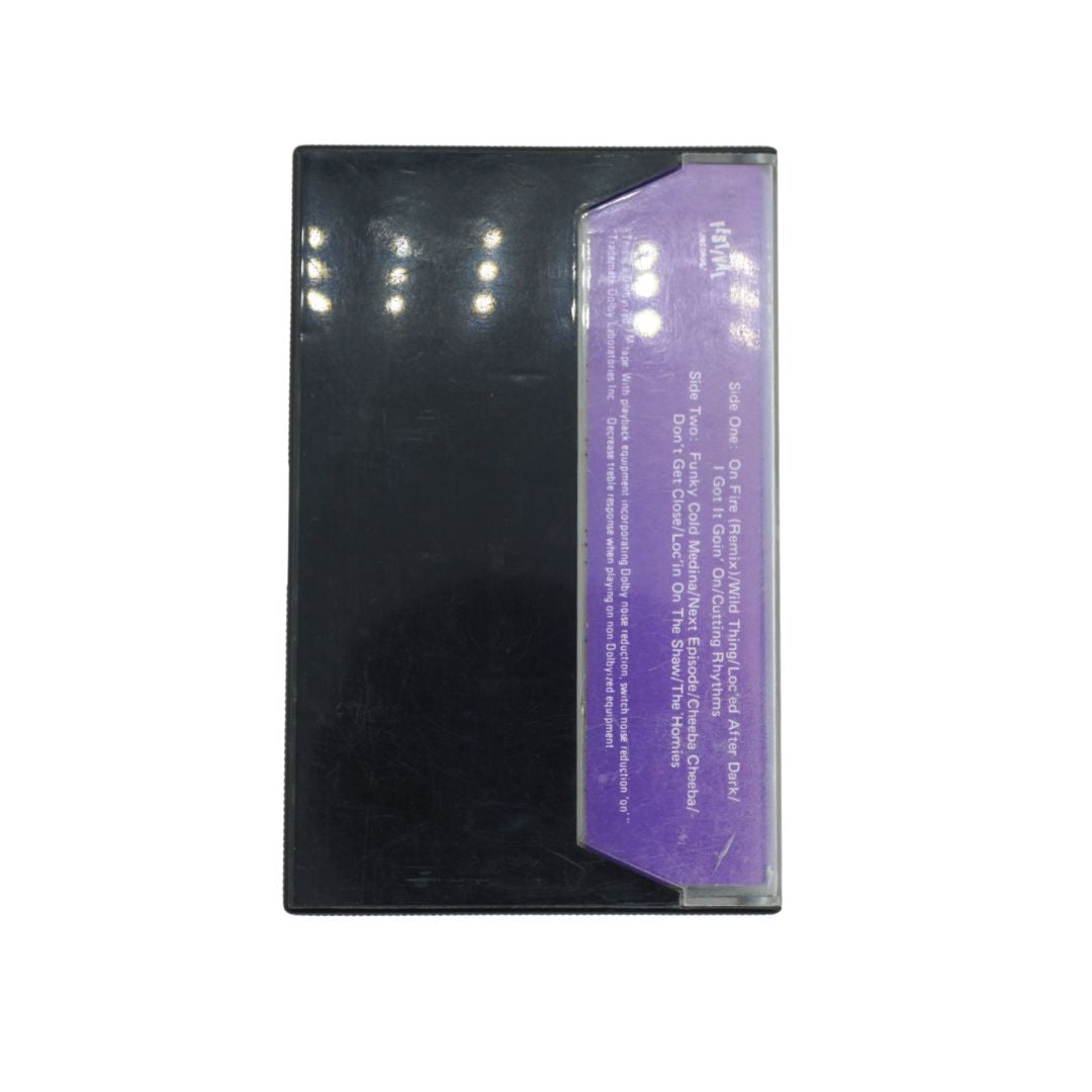 Purple and black cassette for Tone Loc, called Loc-Ed After Dark photographed on a white backdrop