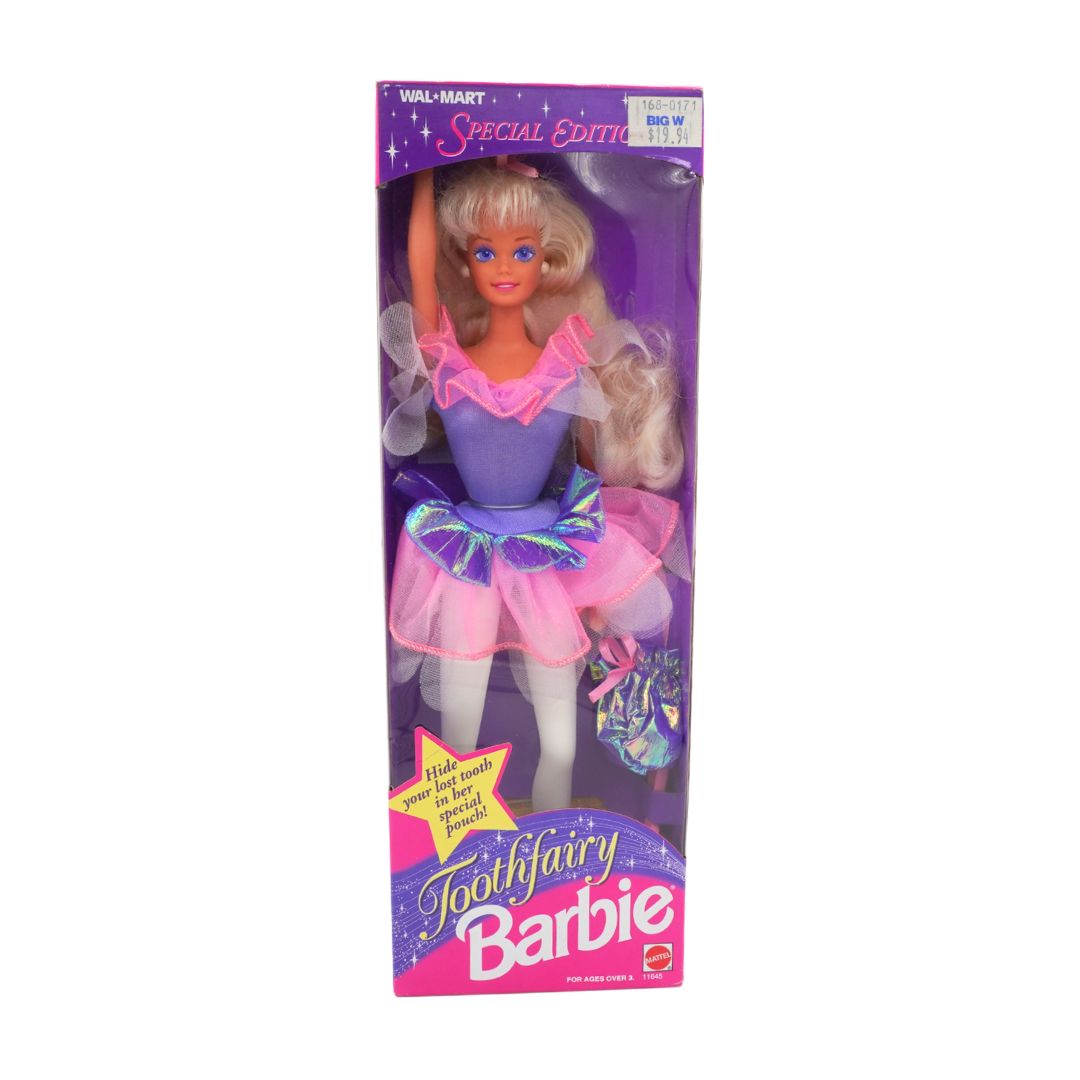Tooth Fairy Barbie doll in packaging with purple and pink design