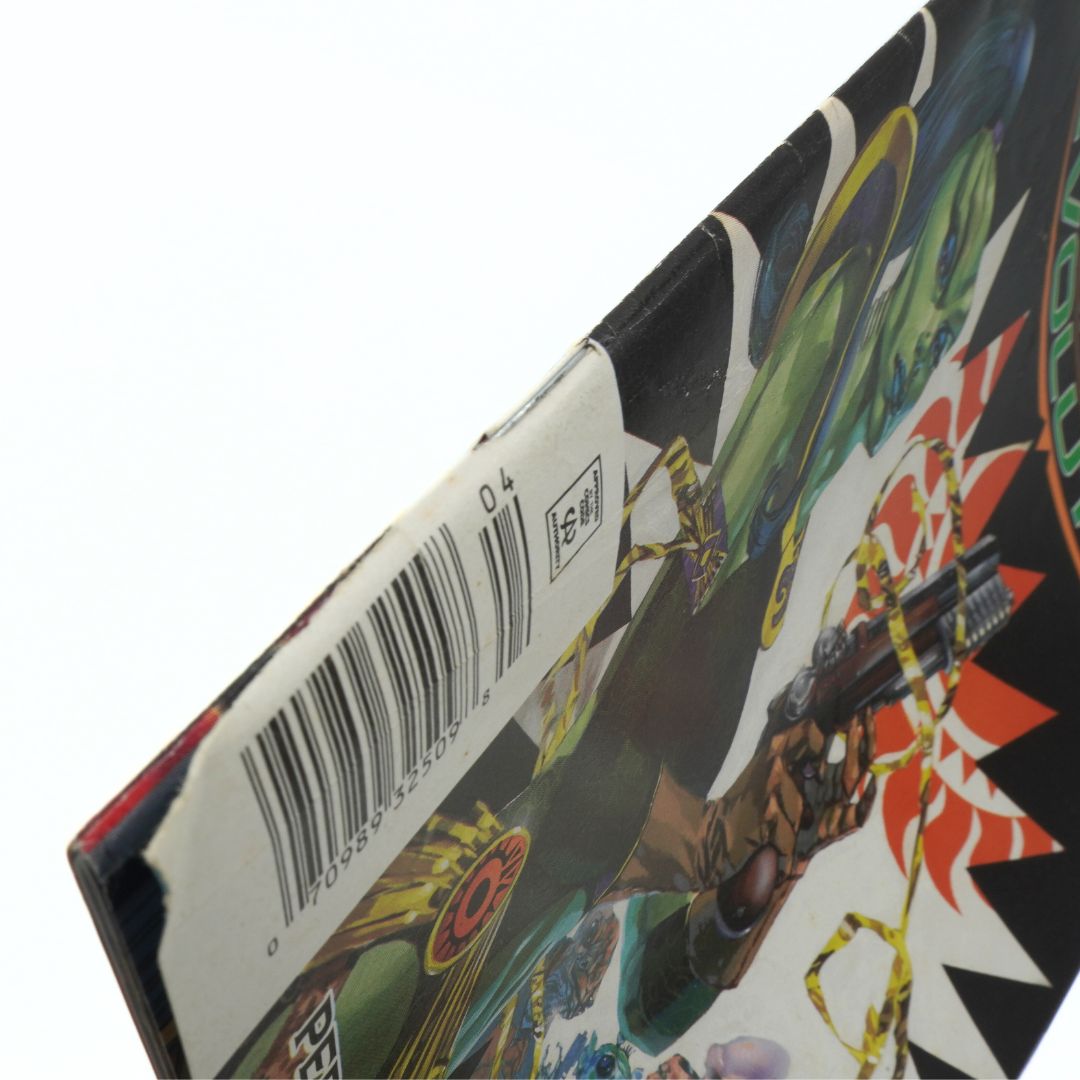 Product packaging with colorful graphics and a barcode on a white background