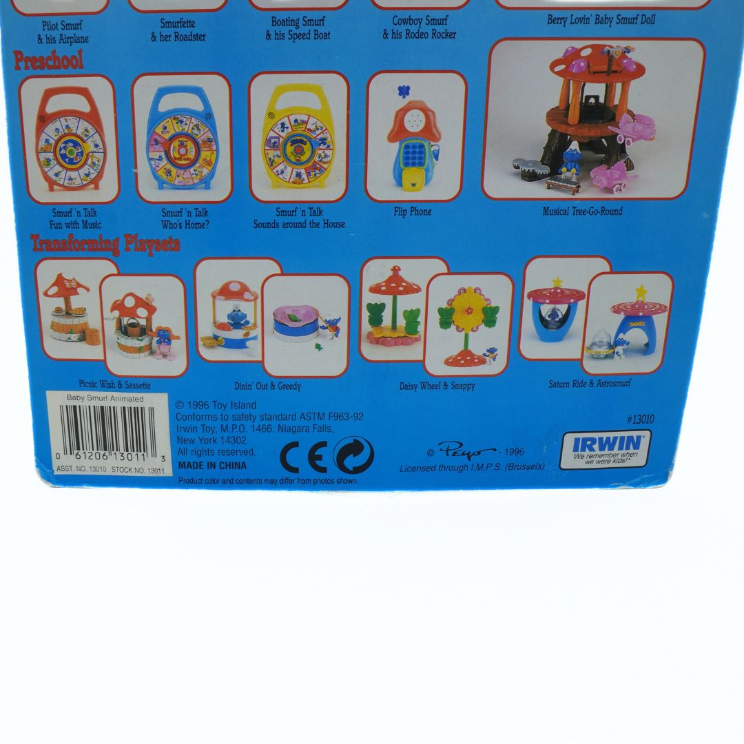 Back of a toy packaging with various toy illustrations and IRWIN branding.