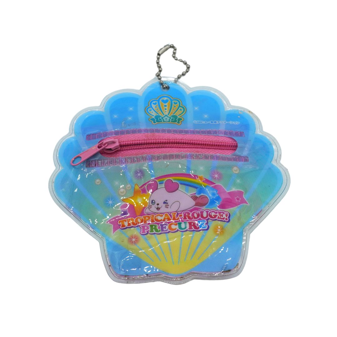 A colorful anime keychain charm in a scalloped shell shape, featuring multiple characters from Pretty Cure with glittery blue, pink, and purple details, attached to a silver ball chain on a white background.