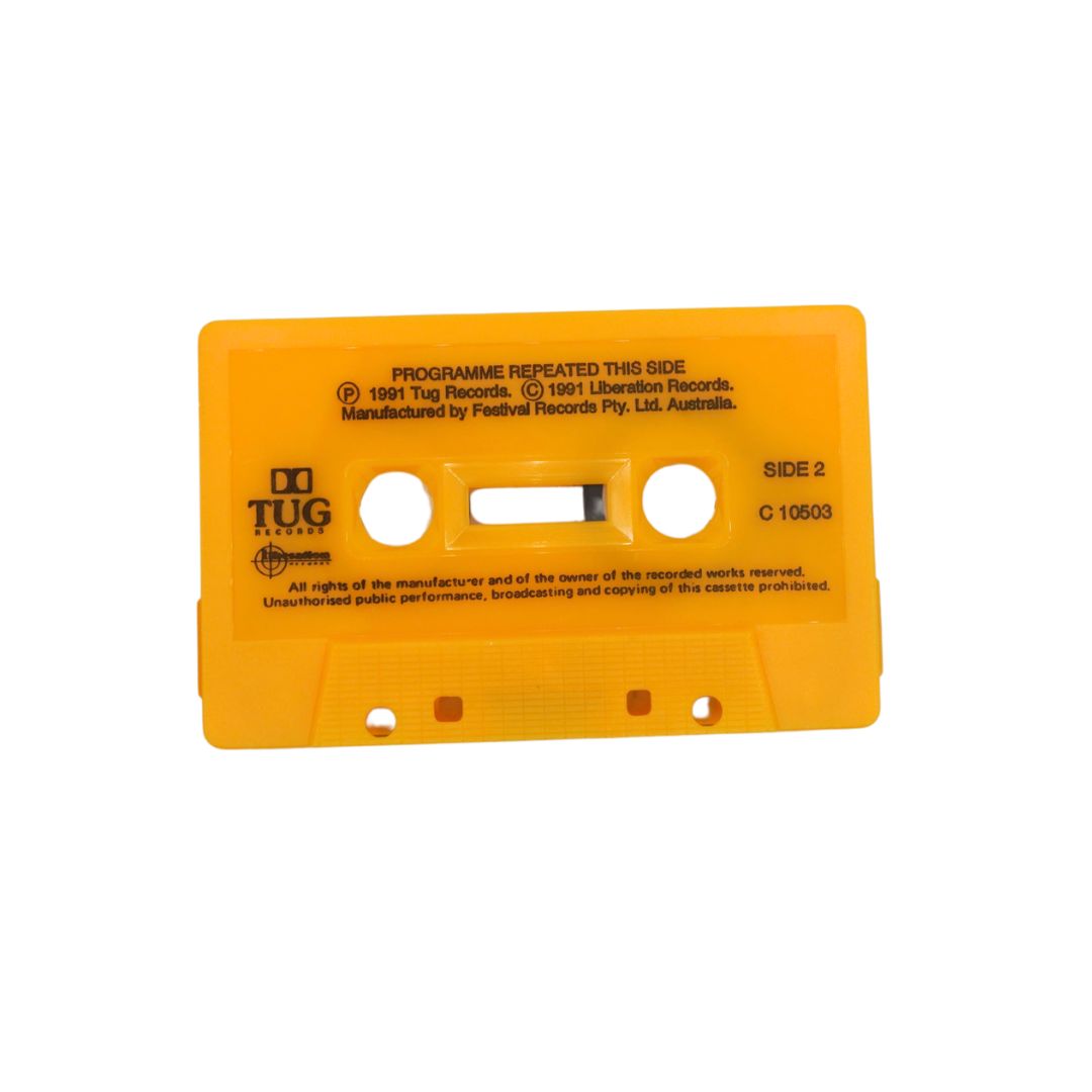 A bright yellow-orange Tug Records cassette tape shown from the side on a plain white background. The cassette has black printed text including 'PROGRAMME REPEATED THIS SIDE', 'TUG RECORDS', 'SIDE 2', and 'C 10603'.
