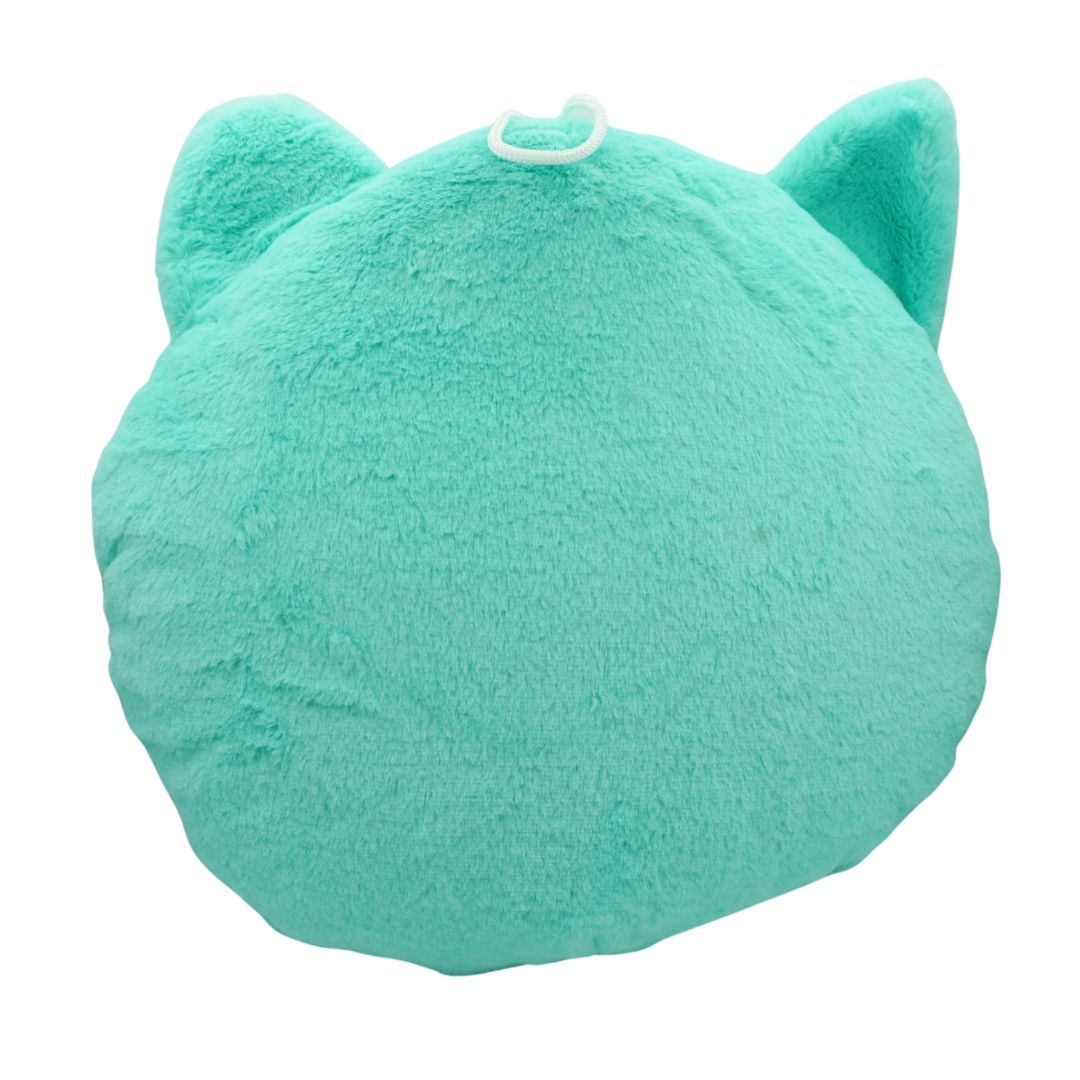 Turquoise plush pillow with cat ears on a white background
