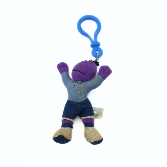 Plush keychain with a purple face and blue clip on a white background